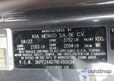 2022 Kia Forte Lxs from USA, damaged, VIN 3KPF24AD7NE480694